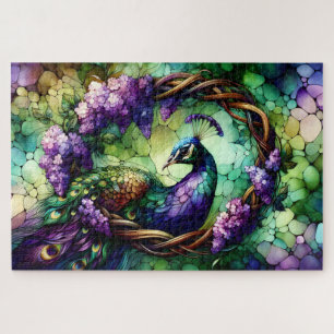 Stained Glass Peacock Floral Wreath Art Jigsaw Puzzle