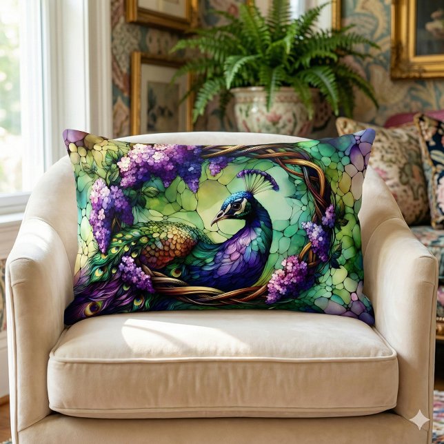 Stained Glass Peacock Floral Wreath Art Lumbar Cushion (Stained Glass Peacock Floral Wreath Art Lumbar Pillow Mockup A)