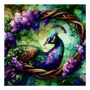 Stained Glass Peacock Floral Wreath Art Poster