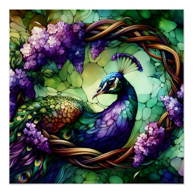 Stained Glass Peacock Floral Wreath Art Poster (Front)