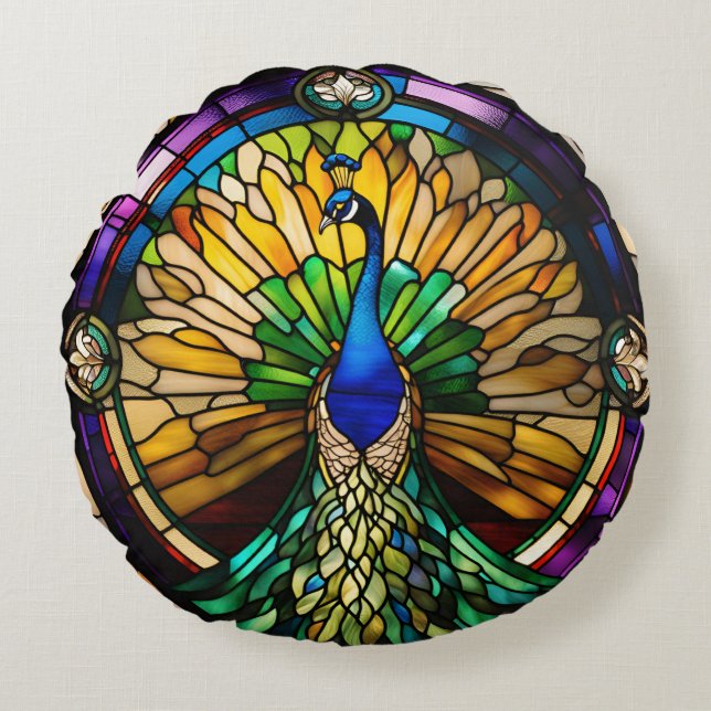 Stained Glass Peacock Round Cushion (Front)