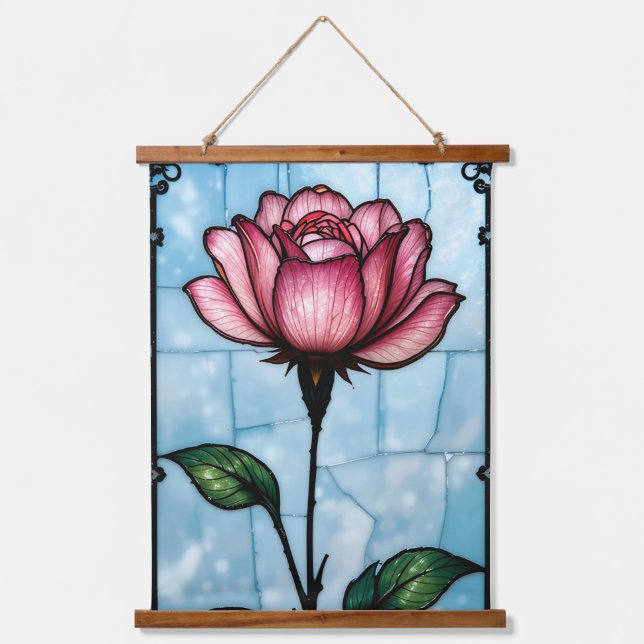 Stained glass pink rose hanging tapestry (Front)
