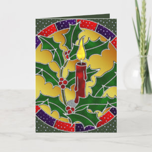 Stained glass red candle with holly holiday card