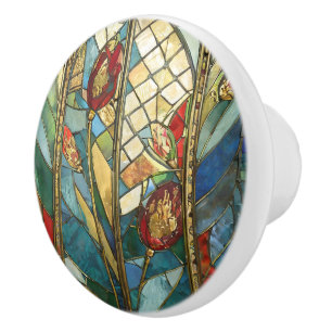 Stained Glass Red Chief Poppies at Sunrise Ceramic Knob