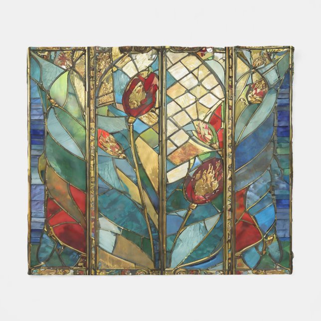 Stained Glass Red Chief Poppies at Sunrise Fleece Blanket (Front (Horizontal))