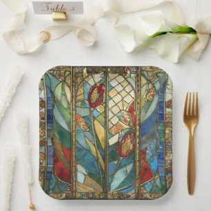 Stained Glass Red Chief Poppies at Sunrise Paper Plate