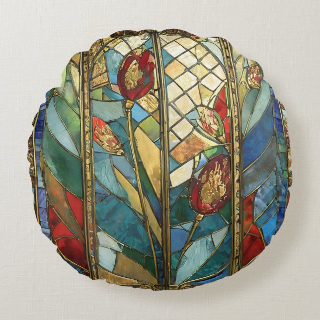 Stained Glass Red Chief Poppies at Sunrise Round Cushion (Front)