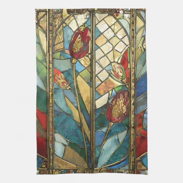 Stained Glass Red Chief Poppies at Sunrise Tea Towel (Vertical)