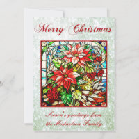 Stained Glass Red Christmas Flowers Green Glitter
