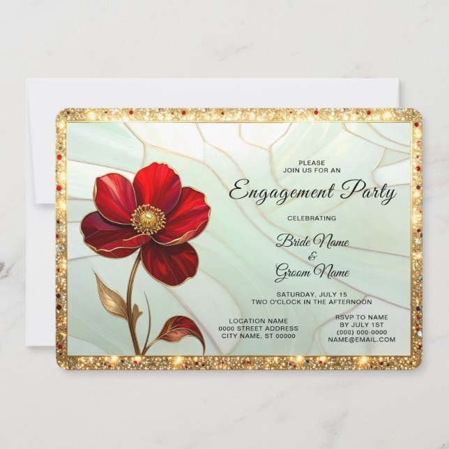 Stained Glass Red Flower Engagement Invitation (Front)