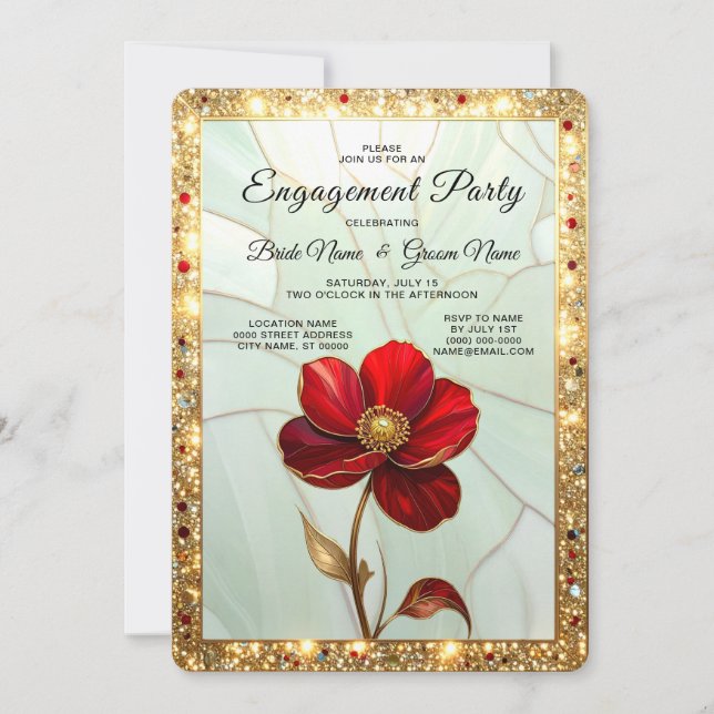 Stained Glass Red Flower Engagement Invitation (Front)