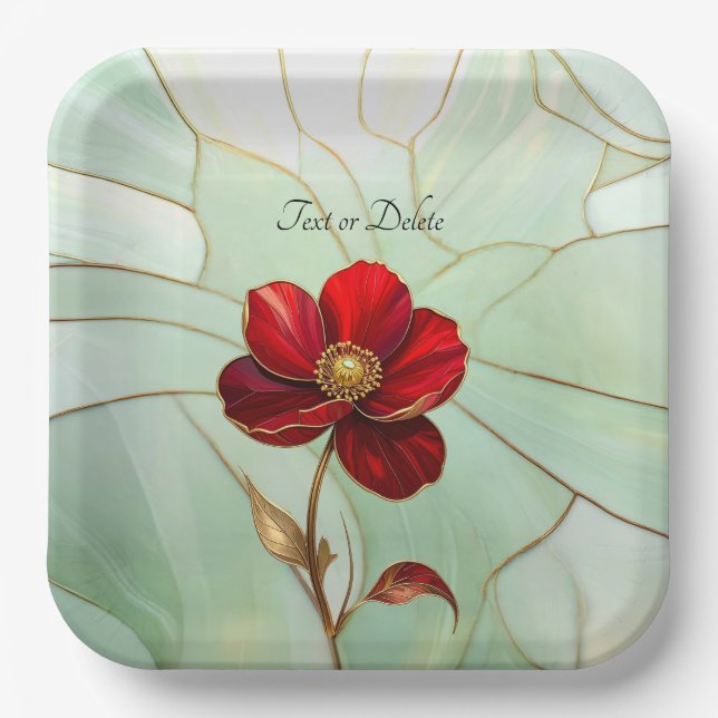 Stained Glass Red Flower Paper Plate (Front)