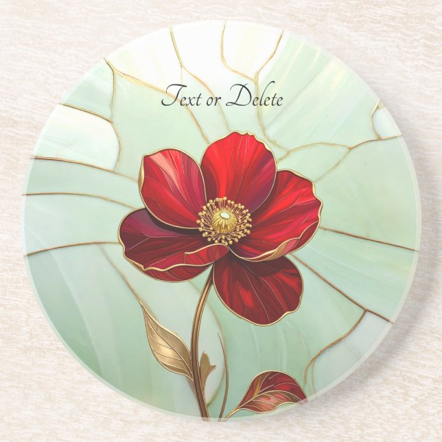 Stained Glass Red Flower Sandstone Coaster (Front)