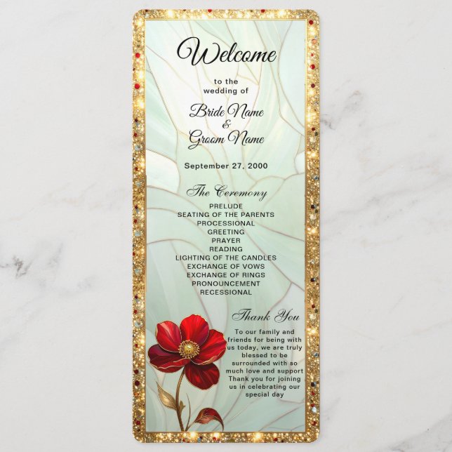 Stained Glass Red Flower Wedding Program Programme (Front)