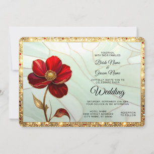 Stained Glass Red Flower with Gold Accents Wedding Invitation
