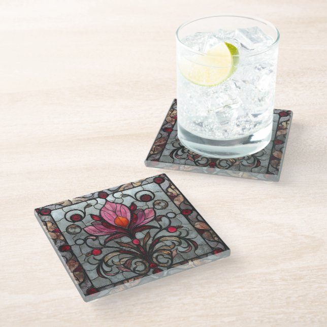 Stained Glass Red Pink Flower Coaster (Angled)