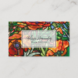 Stained Glass Red Poppies Floral QR Code Business Card
