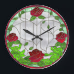 Stained Glass Red Roses Large Clock<br><div class="desc">Beautiful red roses in bloom with green foliage and vines in a Tiffany stained glass style on transparent background. Credit:  http://scrappingdesignsbynik.com.</div>