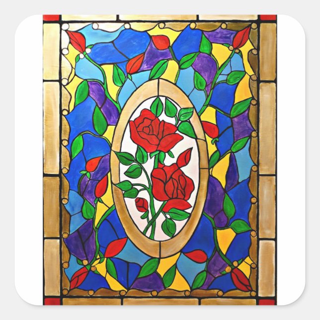 Stained glass red roses square sticker (Front)
