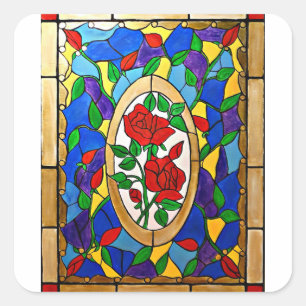Stained glass red roses square sticker
