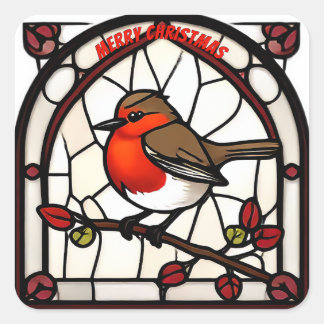 Stained Glass Robin Redbreast "Merry Christmas" Square Sticker