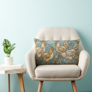 Stained Glass Roosters Elegant Chicken Farmhouse Lumbar Cushion