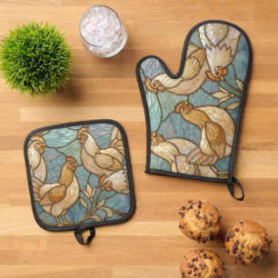 Stained Glass Roosters Elegant Chicken Farmhouse Oven Mitt & Pot Holder Set