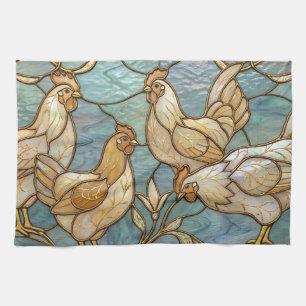 Stained Glass Roosters Elegant Chicken Farmhouse Tea Towel