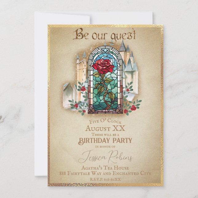 Stained Glass Rose Beauty and the Beast Castle Invitation (Front)