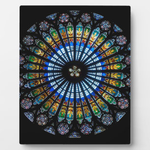 Stained glass rose window in France's Strasbourg Plaque