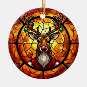 Stained Glass Rudolph Reindeer Ceramic Tree Decoration