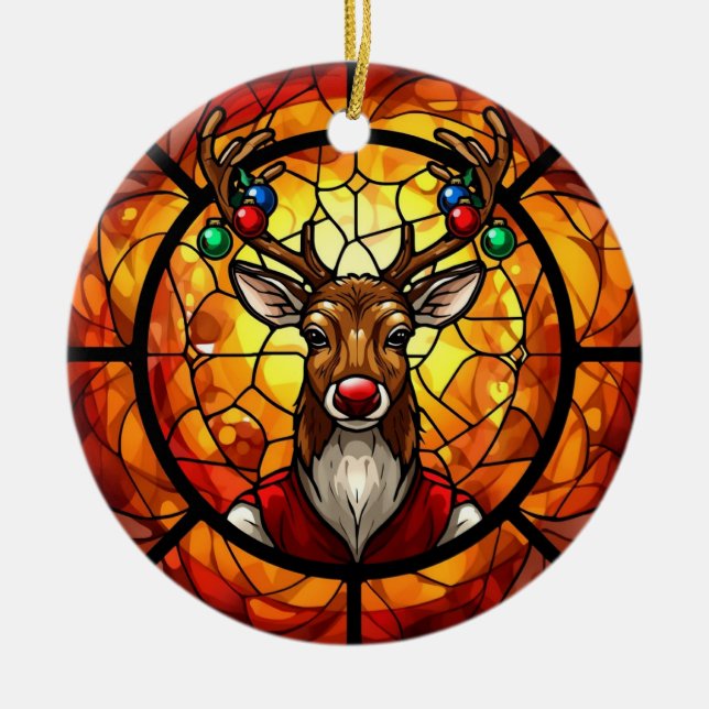 Stained Glass Rudolph Reindeer Ceramic Tree Decoration (Front)