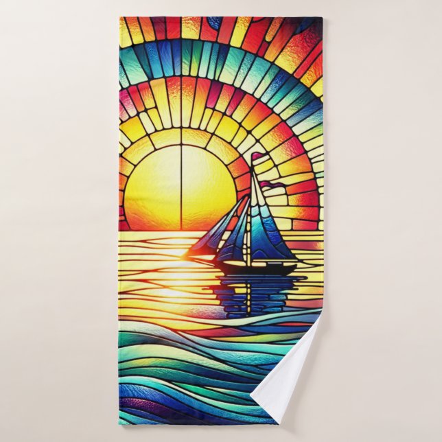 Stained Glass Sailboat Scene Bath Towel (Bath Towel)