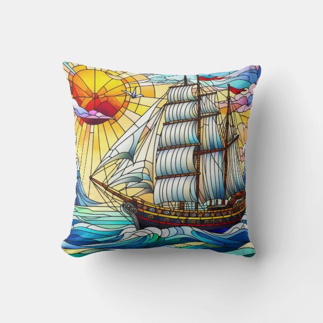 Stained Glass Sailing Ship Cushion (Front)