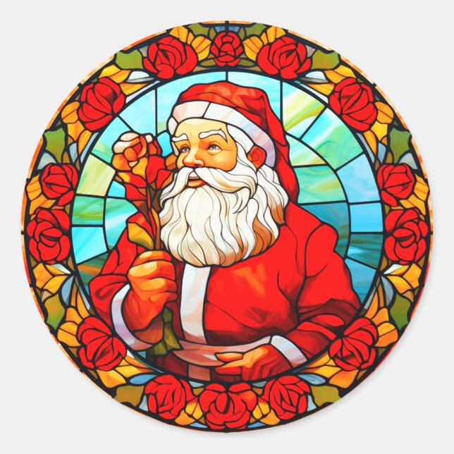 Stained Glass Santa Christmas Ornament-67680 Classic Round Sticker (Front)