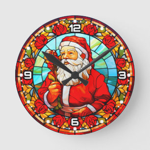Stained Glass Santa Christmas Ornament-67680 Round Clock