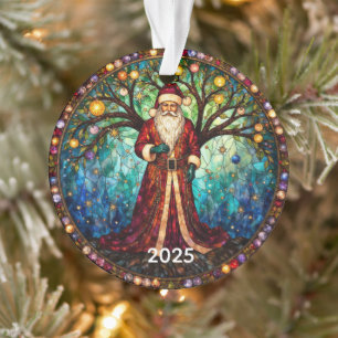 Stained Glass Santa Claus Christmas Tree of Life  Ornament