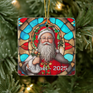 Stained Glass Santa Claus Portrait Ceramic Ornament