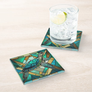 Stained Glass Sea Turtle Illustration Glass Coaster
