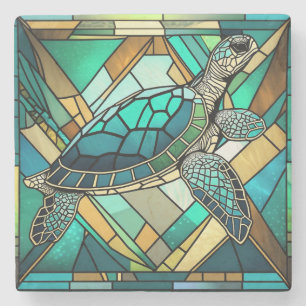 Stained Glass Sea Turtle Illustration Stone Coaster