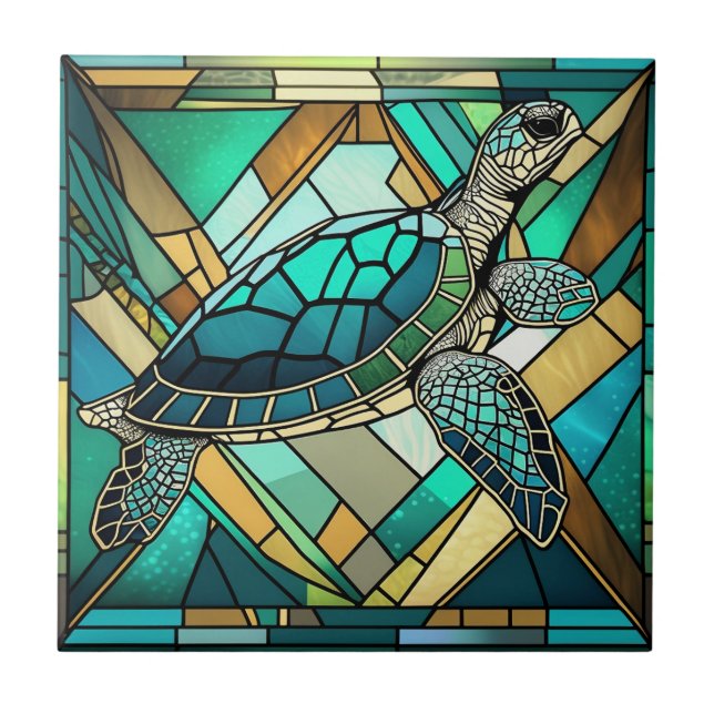 Stained Glass Sea Turtle Illustration Tile (Front)