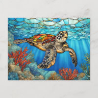 Stained Glass Sea Turtle Swimming, Coral