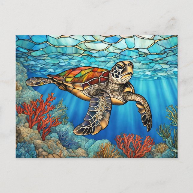 Stained Glass Sea Turtle Swimming, Coral Postcard (Front)