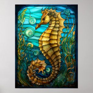 Stained Glass Seahorse Ocean Fantasy Art Poster