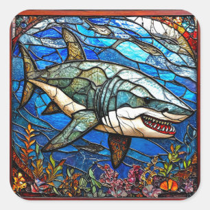 Stained glass shark square sticker