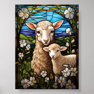 Stained Glass Sheep and Lamb Pastoral Meadow Windo Poster