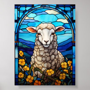 Stained Glass Sheep in a Spring Meadow of Yellow F Poster