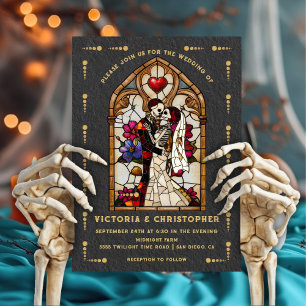 Stained Glass Skeleton Bride & Groom Goth Wedding Invitation