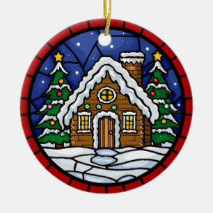 Stained Glass Snowy Cabin Ceramic Tree Decoration