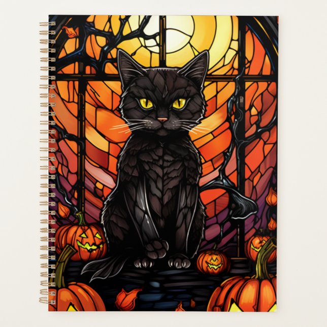Stained Glass Spooky Black Cat Planner (Front)